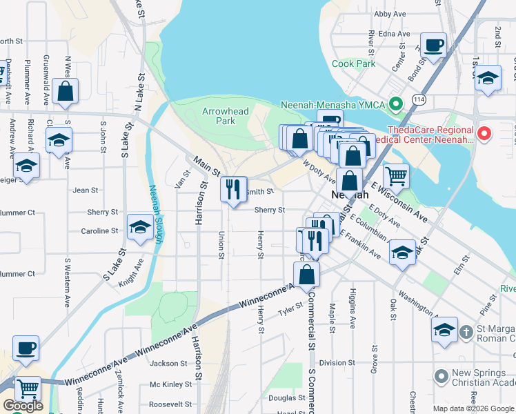 map of restaurants, bars, coffee shops, grocery stores, and more near 413 Sherry Street in Neenah