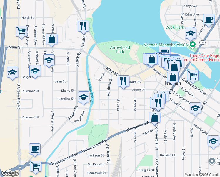 map of restaurants, bars, coffee shops, grocery stores, and more near 521 Sherry Street in Neenah