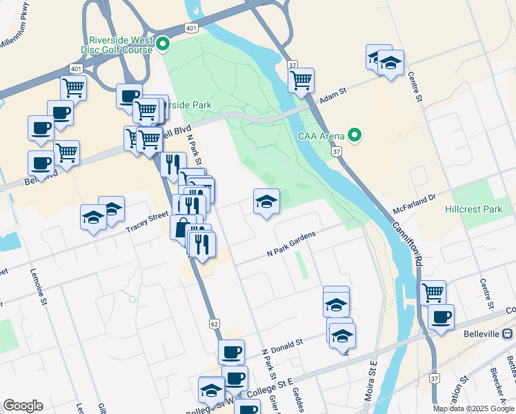 map of restaurants, bars, coffee shops, grocery stores, and more near 10 Chown Crescent in Belleville
