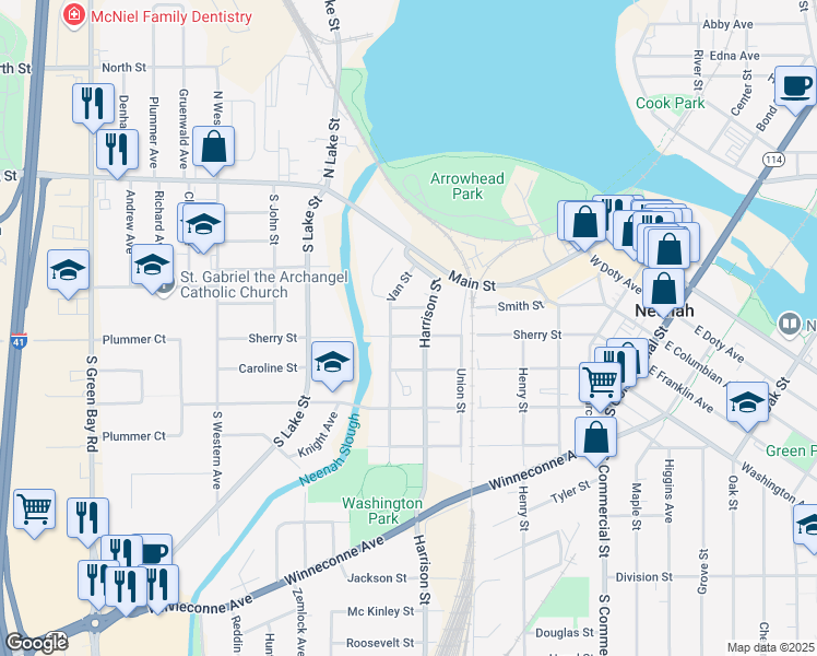 map of restaurants, bars, coffee shops, grocery stores, and more near 122 Whitlow Street in Neenah