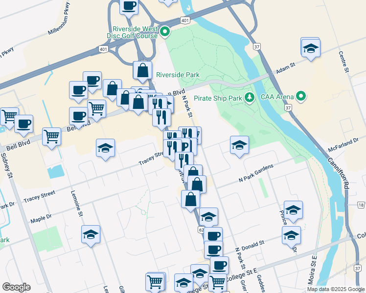 map of restaurants, bars, coffee shops, grocery stores, and more near 305 North Front Street in Belleville