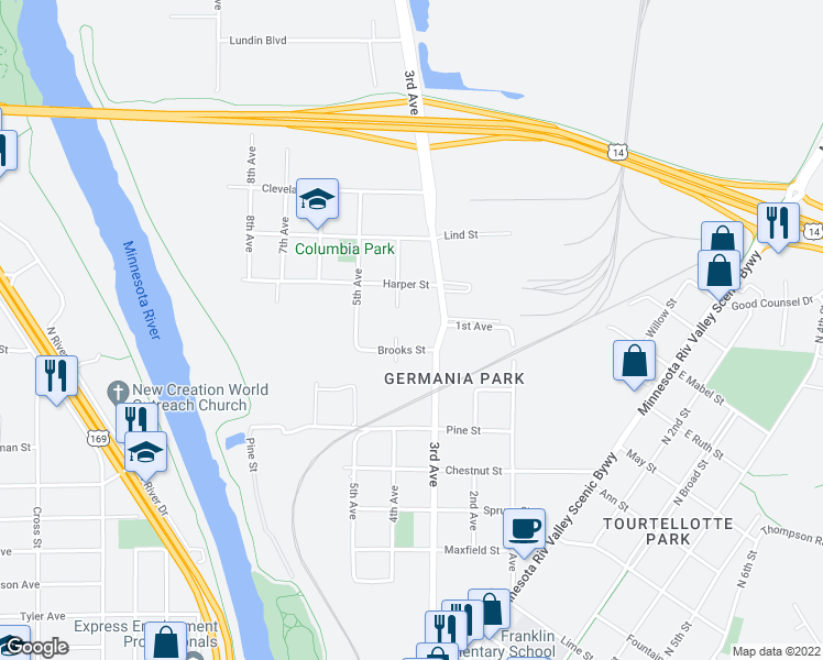 map of restaurants, bars, coffee shops, grocery stores, and more near 1919 4th Avenue in Mankato