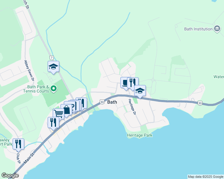map of restaurants, bars, coffee shops, grocery stores, and more near 260 Academy Street in Bath