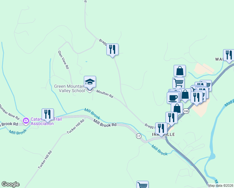 map of restaurants, bars, coffee shops, grocery stores, and more near 74 Moulton Road in Fayston