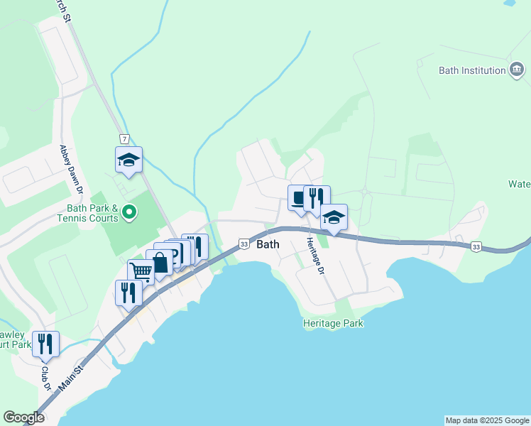 map of restaurants, bars, coffee shops, grocery stores, and more near 260 Academy Street in Bath