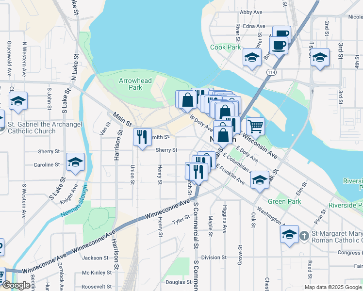 map of restaurants, bars, coffee shops, grocery stores, and more near 311 Isabella Street in Neenah