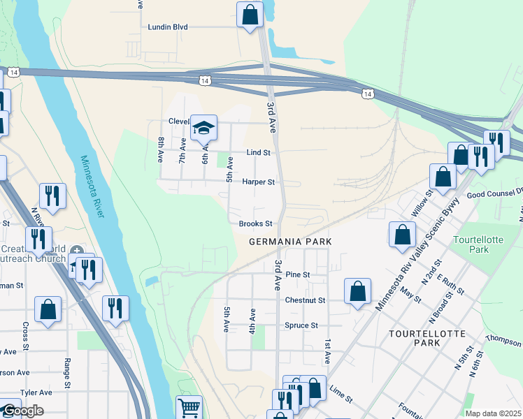 map of restaurants, bars, coffee shops, grocery stores, and more near 1922 3rd Avenue in Mankato