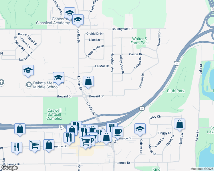 map of restaurants, bars, coffee shops, grocery stores, and more near 1919 Haughton Avenue in North Mankato