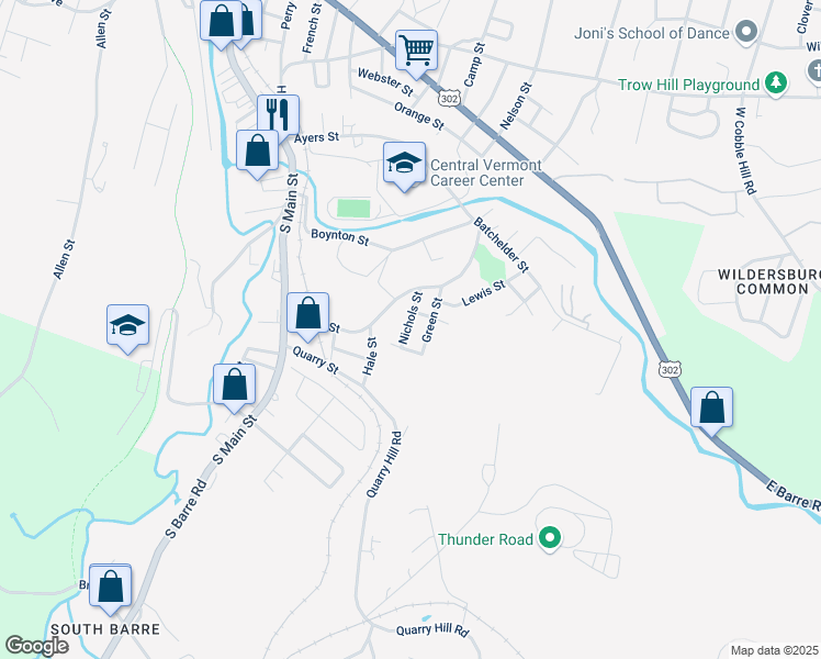 map of restaurants, bars, coffee shops, grocery stores, and more near 24 Nichols St in Barre
