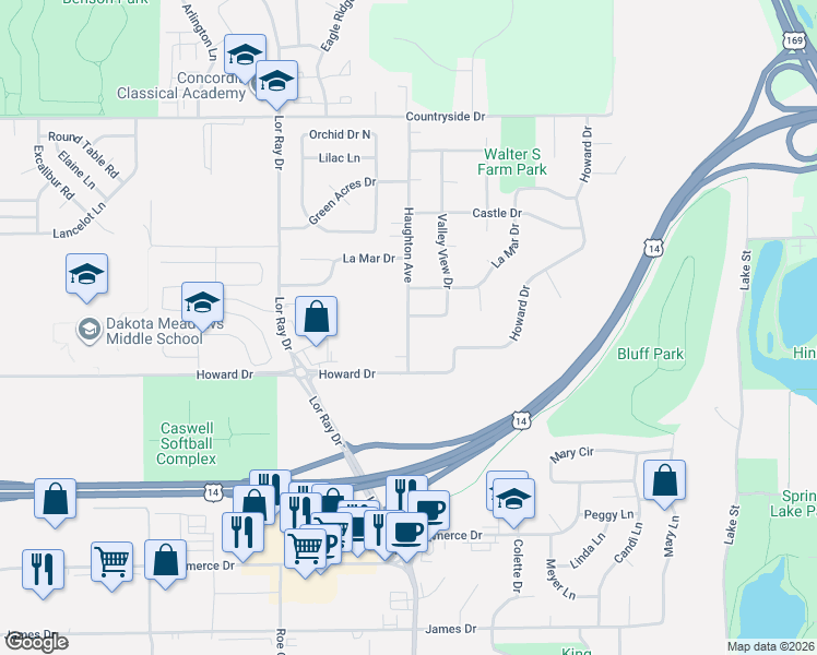 map of restaurants, bars, coffee shops, grocery stores, and more near 1924 Haughton Avenue in North Mankato