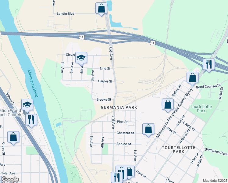 map of restaurants, bars, coffee shops, grocery stores, and more near 1922 3rd Avenue in Mankato