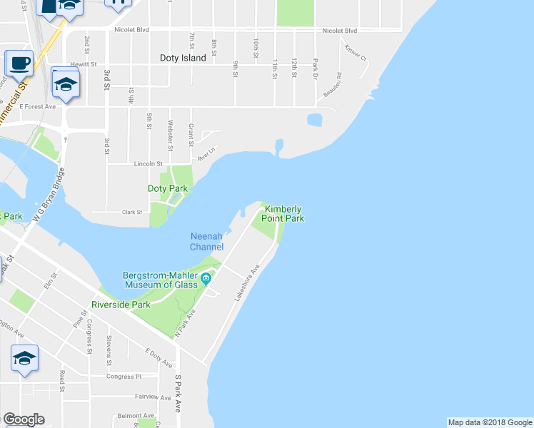 map of restaurants, bars, coffee shops, grocery stores, and more near 290 Lakeshore Avenue in Neenah