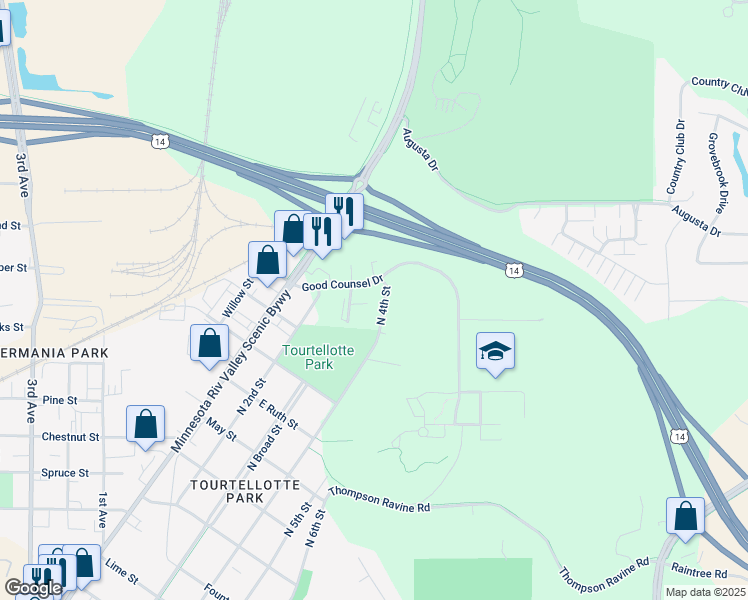 map of restaurants, bars, coffee shops, grocery stores, and more near 2036 North 4th Street in Mankato