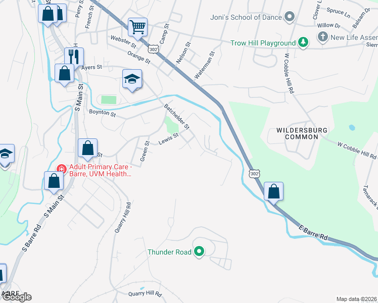 map of restaurants, bars, coffee shops, grocery stores, and more near 29 Paddock Street in Barre