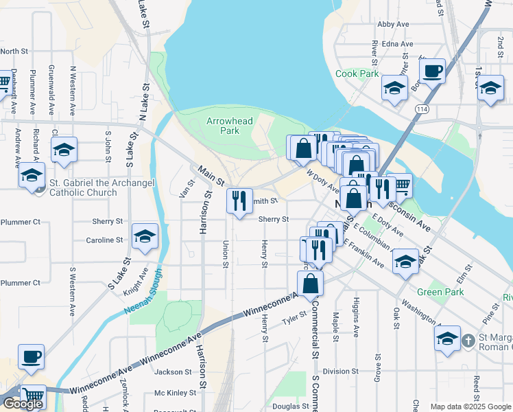 map of restaurants, bars, coffee shops, grocery stores, and more near 405 Sherry Street in Neenah
