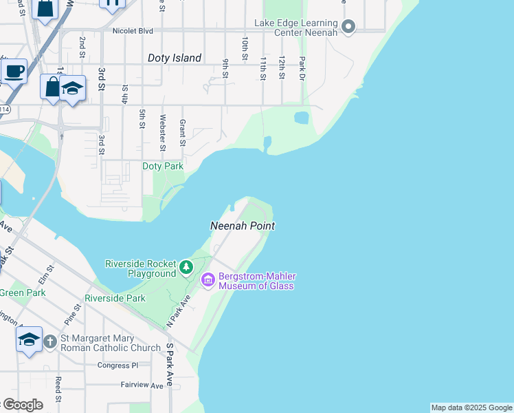 map of restaurants, bars, coffee shops, grocery stores, and more near 290 Lakeshore Avenue in Neenah