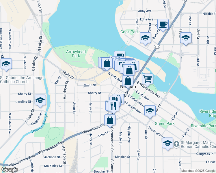map of restaurants, bars, coffee shops, grocery stores, and more near 319 South Church Street in Neenah