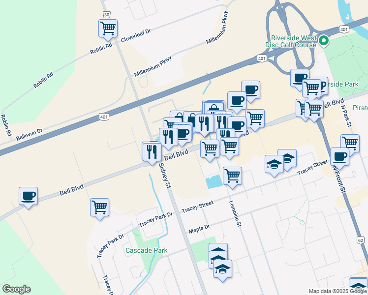 map of restaurants, bars, coffee shops, grocery stores, and more near 218 Bell Boulevard in Belleville