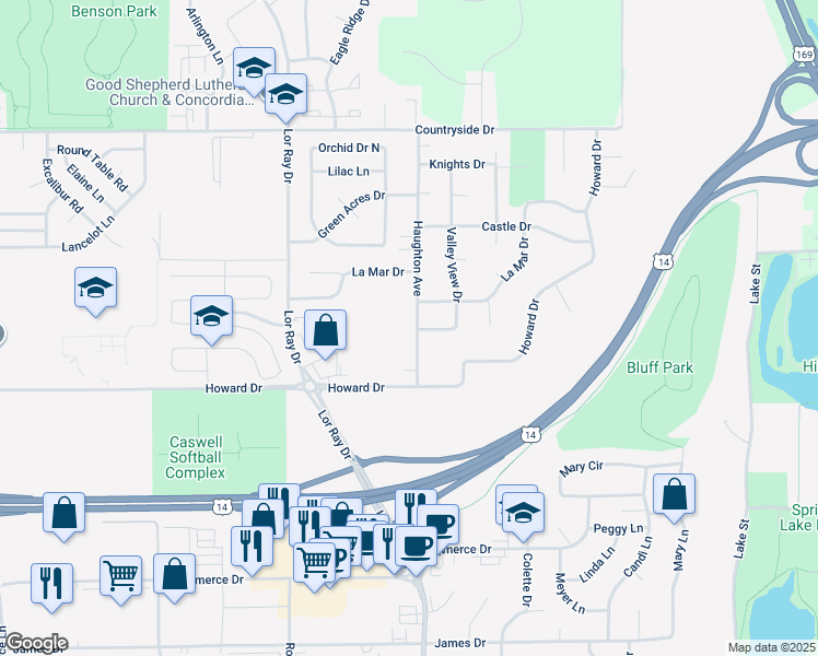 map of restaurants, bars, coffee shops, grocery stores, and more near 1930 Haughton Avenue in North Mankato