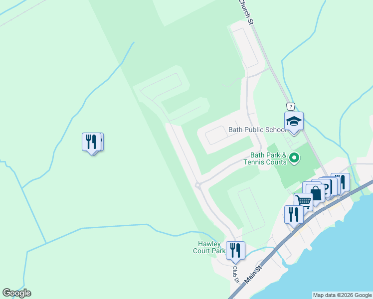 map of restaurants, bars, coffee shops, grocery stores, and more near 108 Country Club Drive in Bath
