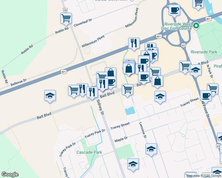 map of restaurants, bars, coffee shops, grocery stores, and more near 216-218 Bell Boulevard in Belleville