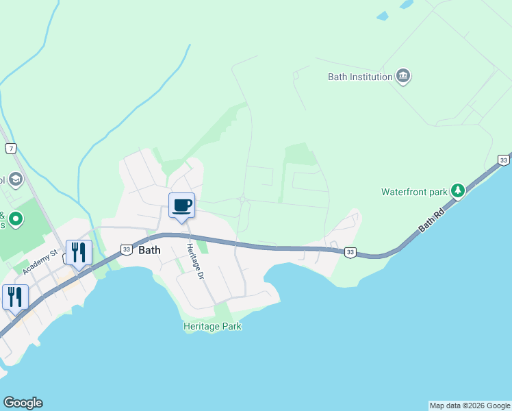 map of restaurants, bars, coffee shops, grocery stores, and more near 165 Purdy Road in Bath