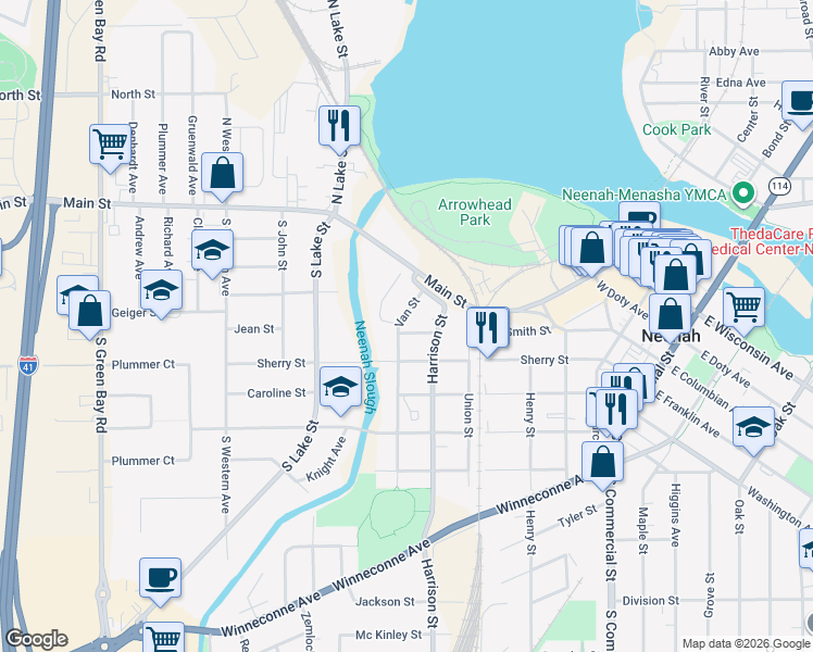 map of restaurants, bars, coffee shops, grocery stores, and more near 122 Whitlow Street in Neenah