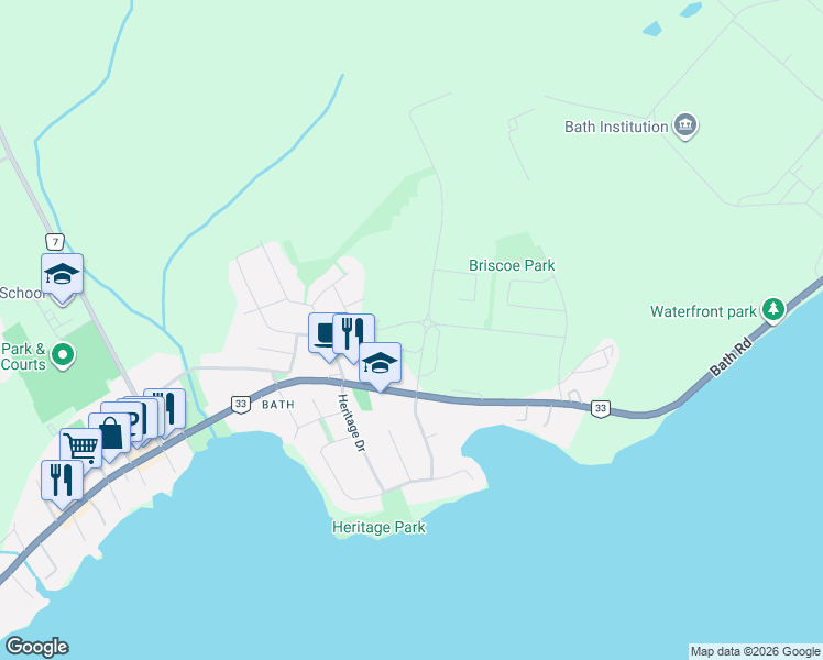 map of restaurants, bars, coffee shops, grocery stores, and more near Purdy Road in Bath