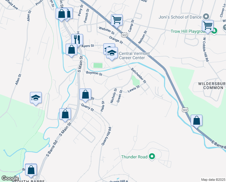 map of restaurants, bars, coffee shops, grocery stores, and more near 24 Nichols Street in Barre