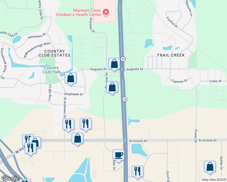 map of restaurants, bars, coffee shops, grocery stores, and more near 100 North Augusta Court in Mankato