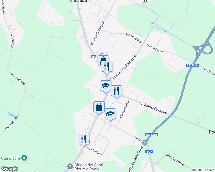map of restaurants, bars, coffee shops, grocery stores, and more near 492 Viale dell'Appennino in Forlì