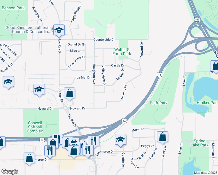 map of restaurants, bars, coffee shops, grocery stores, and more near 1940 Valley View Drive in North Mankato