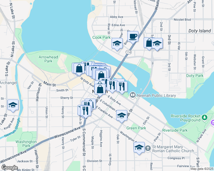 map of restaurants, bars, coffee shops, grocery stores, and more near Main Street in Neenah