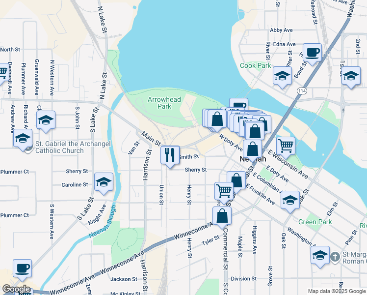 map of restaurants, bars, coffee shops, grocery stores, and more near 336 Main Street in Neenah