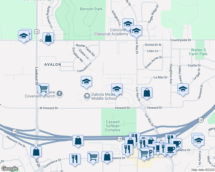 map of restaurants, bars, coffee shops, grocery stores, and more near 203 Kingsway Drive in North Mankato