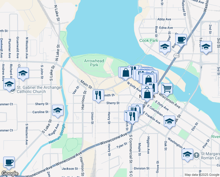 map of restaurants, bars, coffee shops, grocery stores, and more near 336 Main Street in Neenah