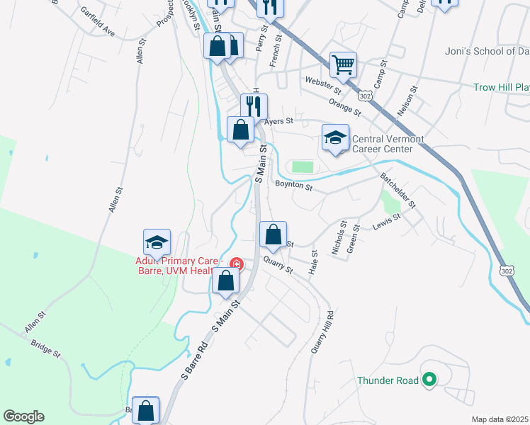 map of restaurants, bars, coffee shops, grocery stores, and more near 164 South Main Street in Barre