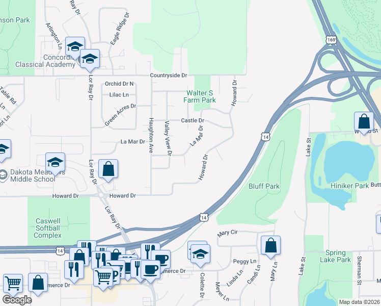 map of restaurants, bars, coffee shops, grocery stores, and more near 1641 La Mar Drive in North Mankato