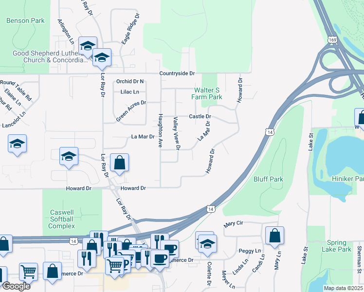 map of restaurants, bars, coffee shops, grocery stores, and more near 1940 Valley View Drive in North Mankato