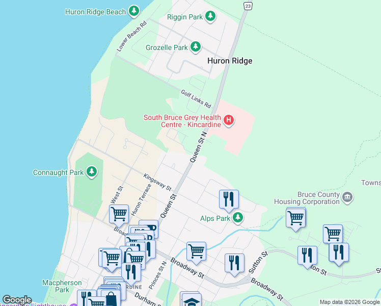 map of restaurants, bars, coffee shops, grocery stores, and more near 1182 Queen Street North in Kincardine