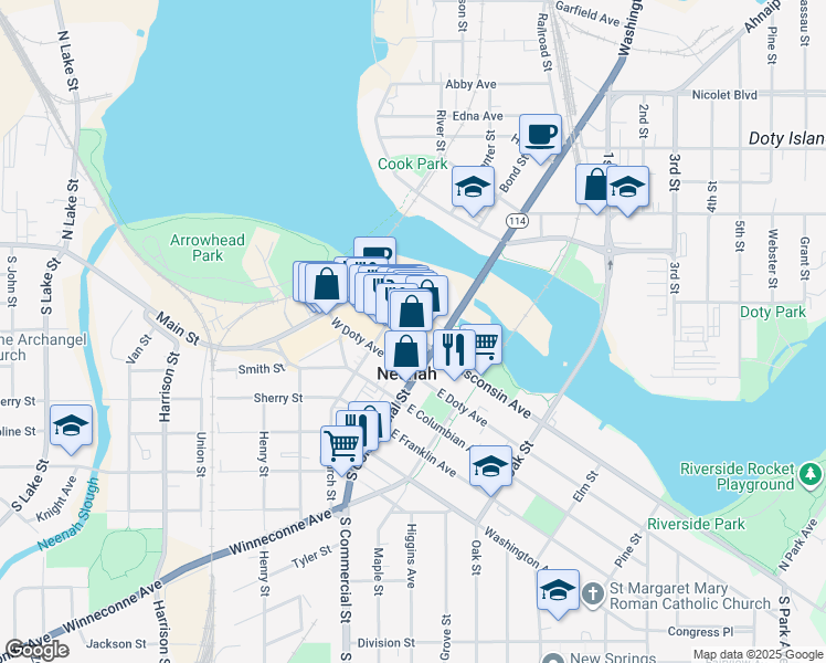 map of restaurants, bars, coffee shops, grocery stores, and more near 125 West Wisconsin Avenue in Neenah