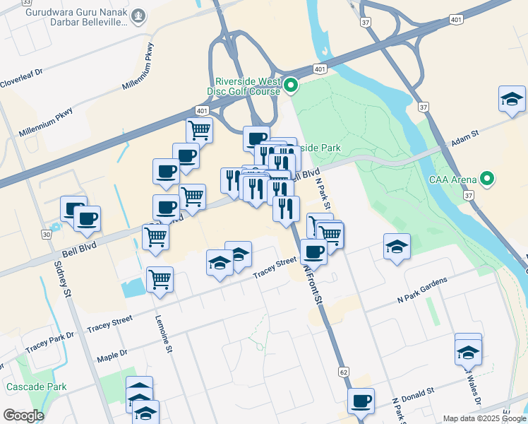 map of restaurants, bars, coffee shops, grocery stores, and more near 366 North Front Street in Belleville
