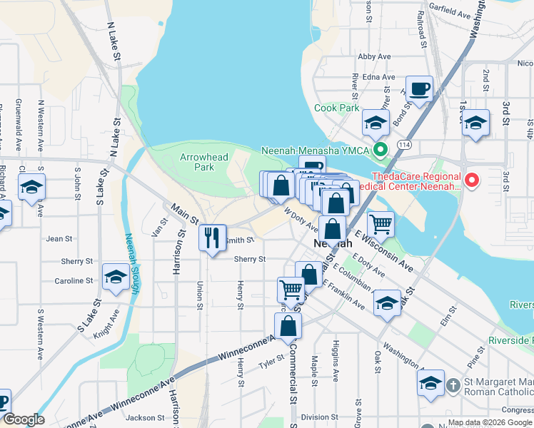 map of restaurants, bars, coffee shops, grocery stores, and more near 400 Main Street in Neenah