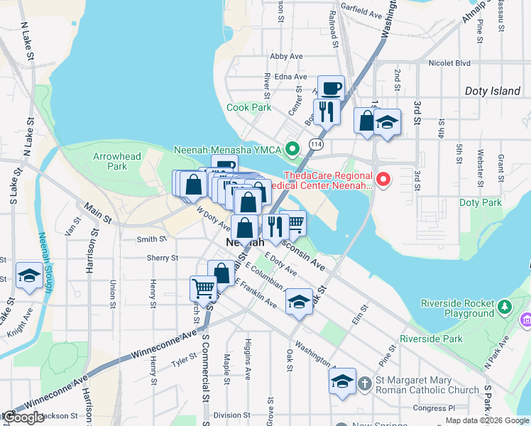 map of restaurants, bars, coffee shops, grocery stores, and more near 115 N Commercial St in Neenah