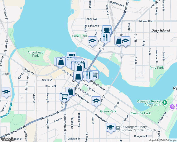map of restaurants, bars, coffee shops, grocery stores, and more near 115 North Commercial Street in Neenah