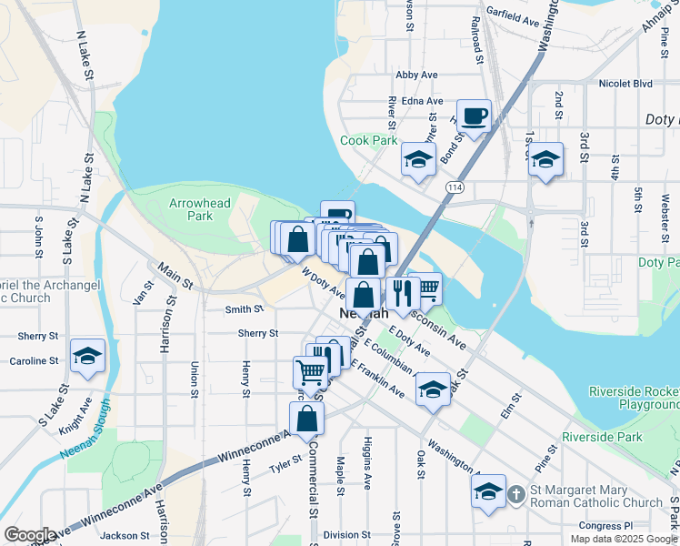 map of restaurants, bars, coffee shops, grocery stores, and more near 202 East Wisconsin Avenue in Neenah