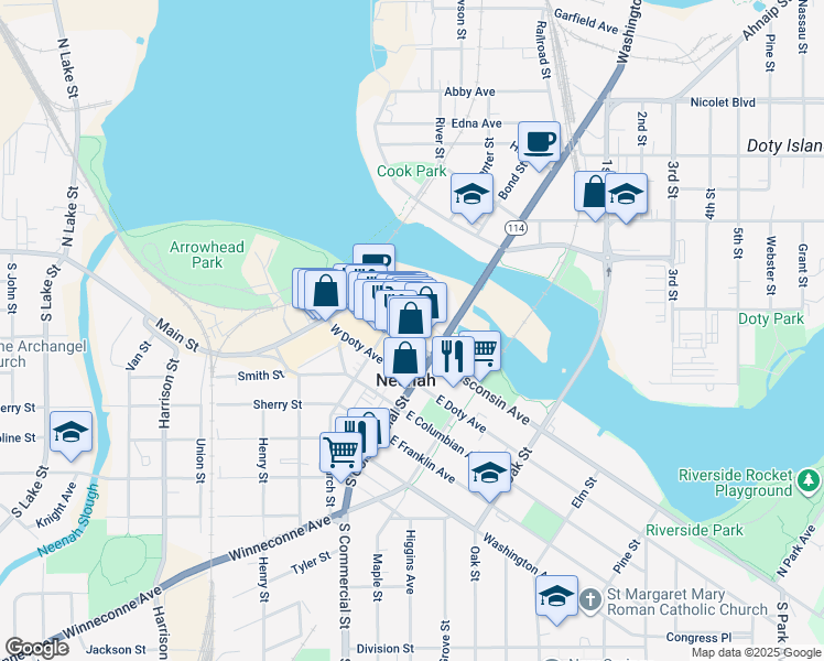 map of restaurants, bars, coffee shops, grocery stores, and more near 125 West Wisconsin Avenue in Neenah
