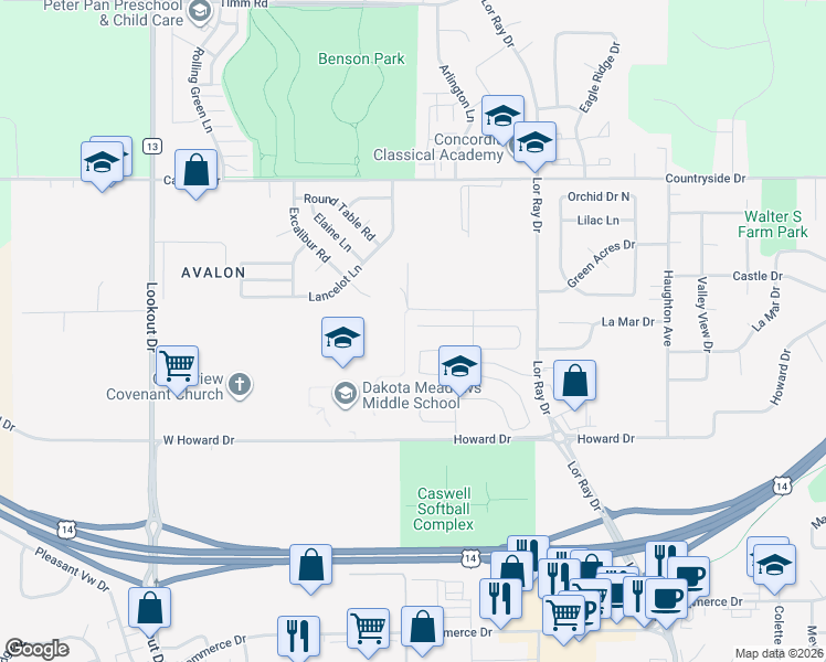 map of restaurants, bars, coffee shops, grocery stores, and more near 125 Kingsway Drive in North Mankato