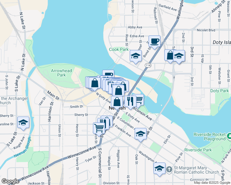 map of restaurants, bars, coffee shops, grocery stores, and more near 125 West Wisconsin Avenue in Neenah
