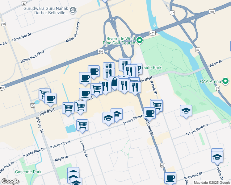 map of restaurants, bars, coffee shops, grocery stores, and more near 366 North Front Street in Belleville